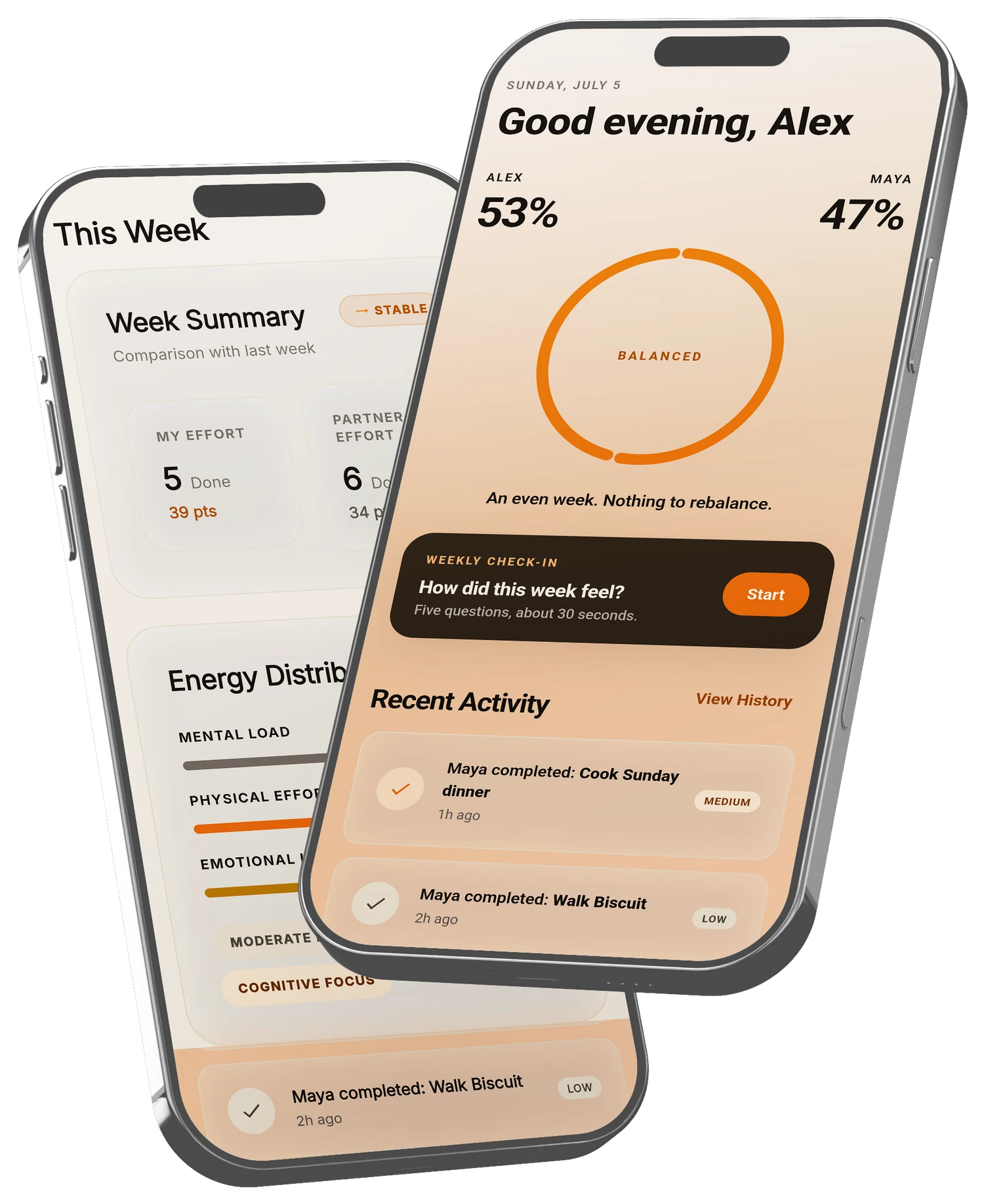 Two iPhones showing the FairLoad dashboard with a balanced week and the weekly insights summary