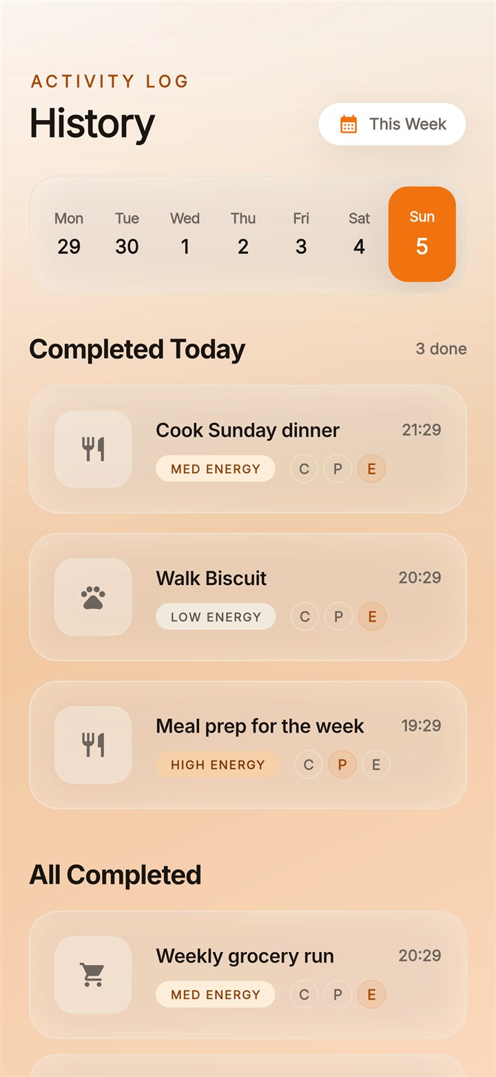 Activity log showing a week of completed tasks with energy levels