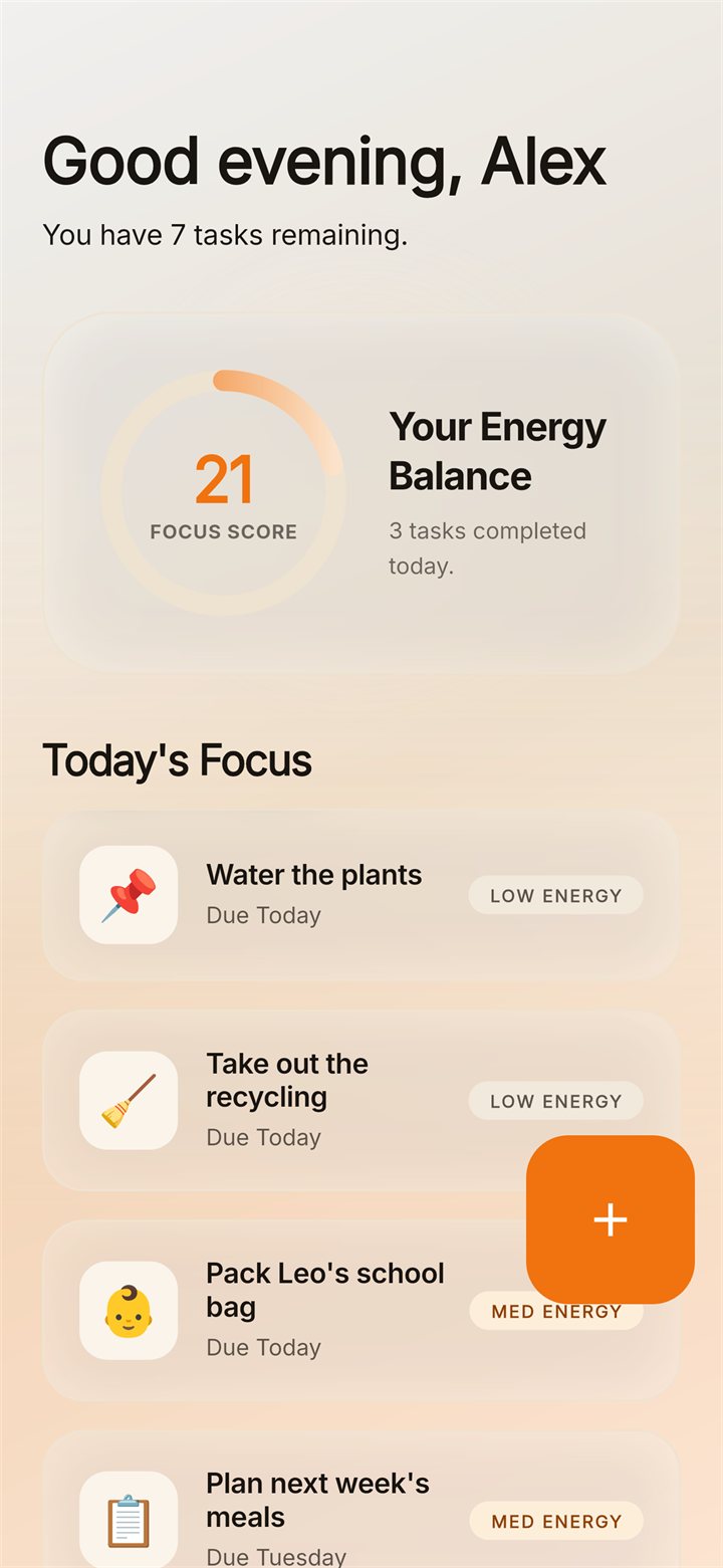 Solo Mode dashboard with focus score and today's tasks