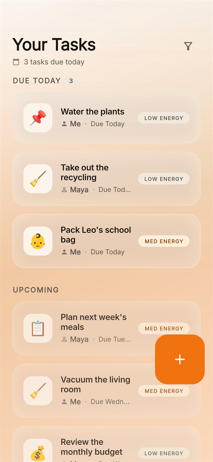Task list grouped by due today and upcoming, with energy levels